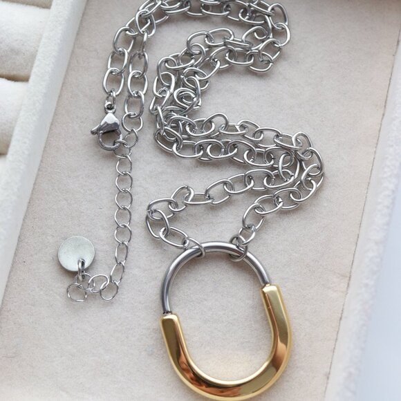 2-Tone Lock Style Design Pendant Necklace Stainless Steel - Picture 2 of 4